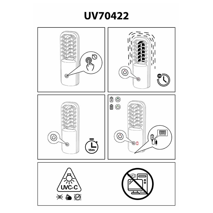 Prezent 70422 - Lámpara germicida desinfectante portátil UVC/2,5W/5V USB