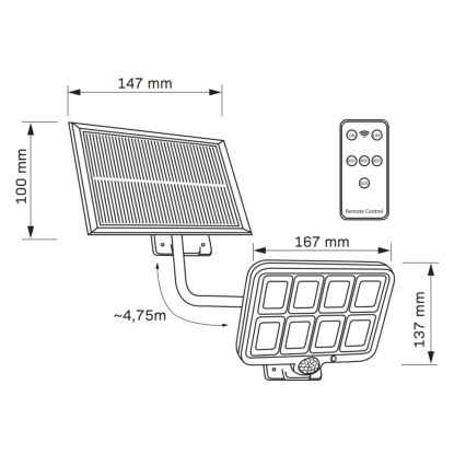 Proyector solar LED con sensor INTEGRA LED/3W/3,7V 1200 mAh IP44 + control remoto