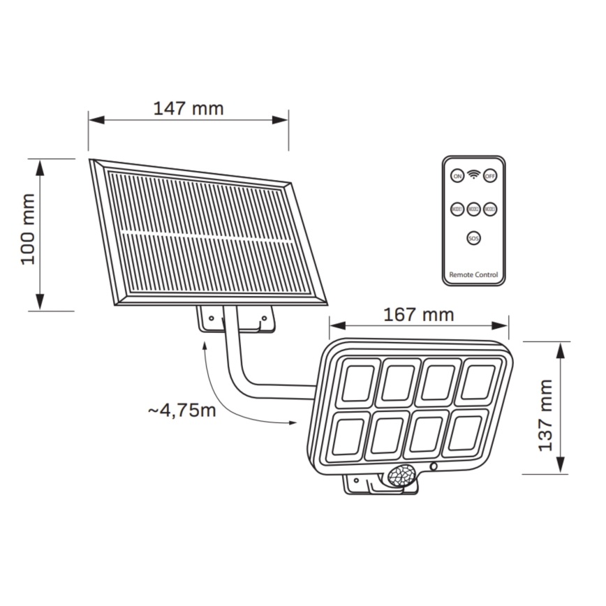 Proyector solar LED con sensor INTEGRA LED/3W/3,7V 1200 mAh IP44 + control remoto