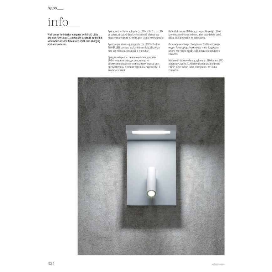 Redo 01-1499 - Foco LED de pared AGOS LED/6W/230V + LED/3,2W USB blanco