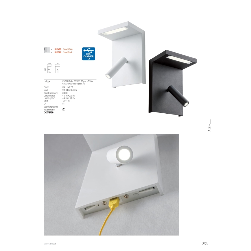 Redo 01-1499 - Foco LED de pared AGOS LED/6W/230V + LED/3,2W USB blanco