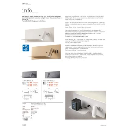 Redo 01-3316 - Foco LED de pared BROOK LED/8W/230V + LED/3W USB CRI 90 negro derecho