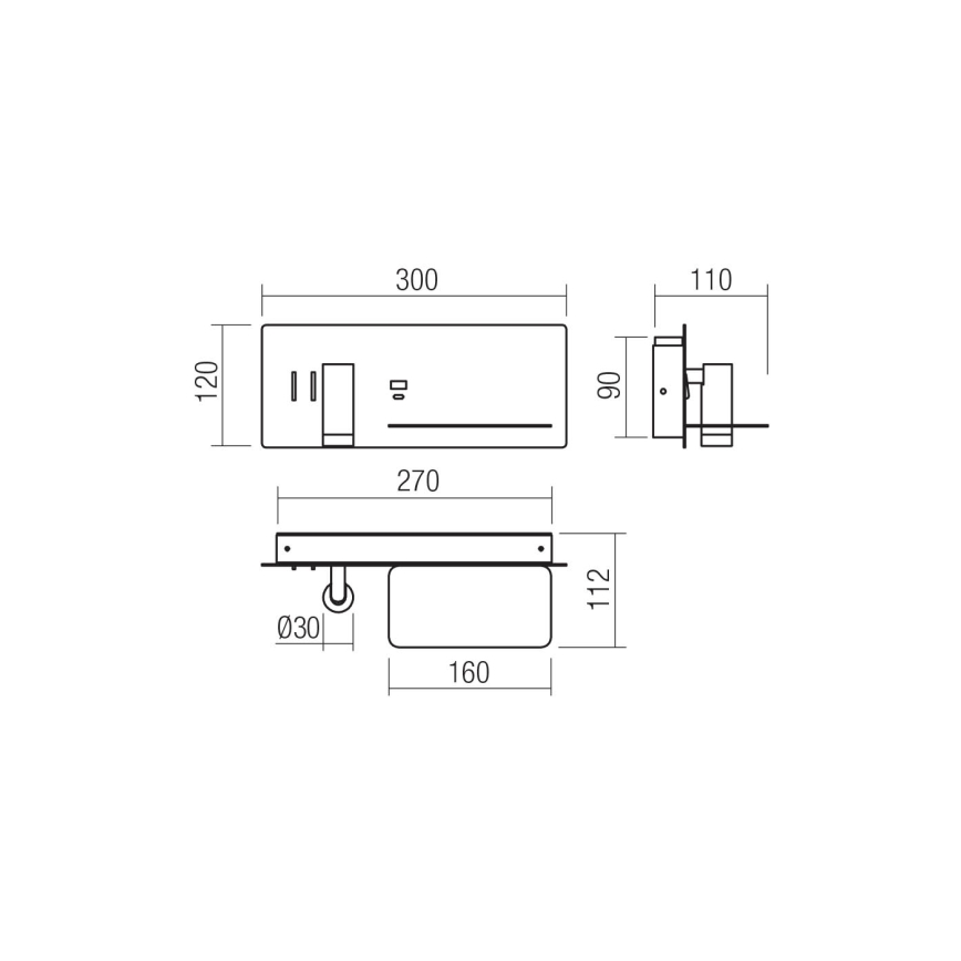 Redo 01-3316 - Foco LED de pared BROOK LED/8W/230V + LED/3W USB CRI 90 negro derecho