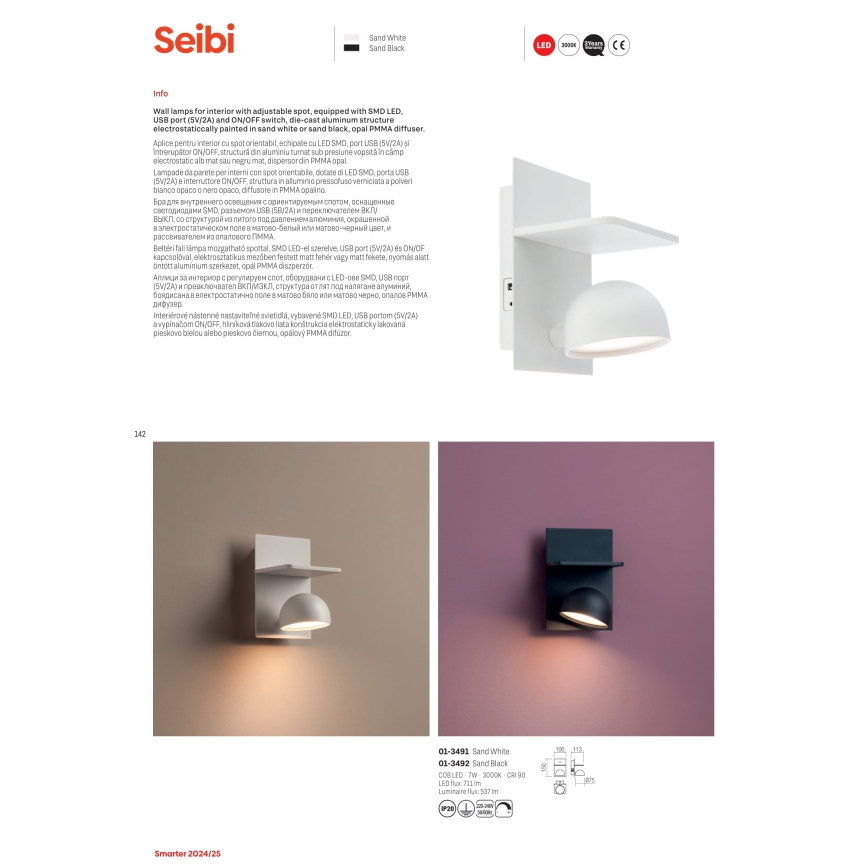Redo 01-3491 - Foco LED de pared SEIBI LED/7W/230V USB CRI 90 blanco