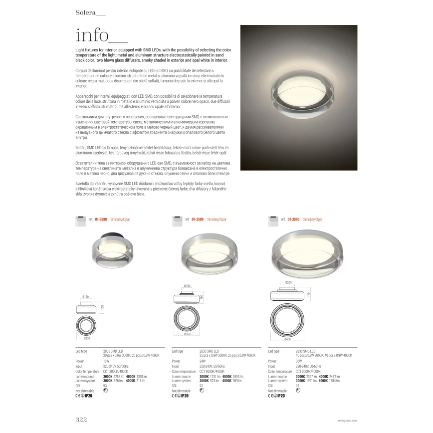 Redo 01-3590 - Plafón LED SOLERA LED/36W/230V diá. 45 cm CRI 93 3000/4000K gris