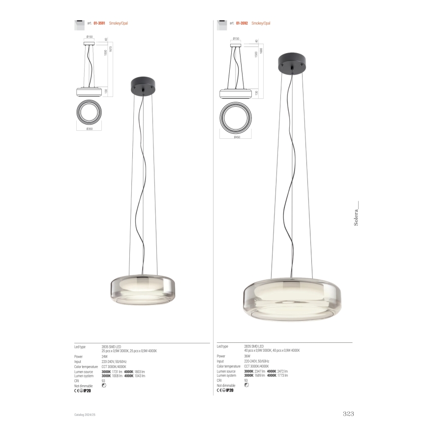 Redo 01-3592 - Lámpara LED colgante SOLERA LED/36W/230V diá. 45 cm CRI 93 3000/4000K gris