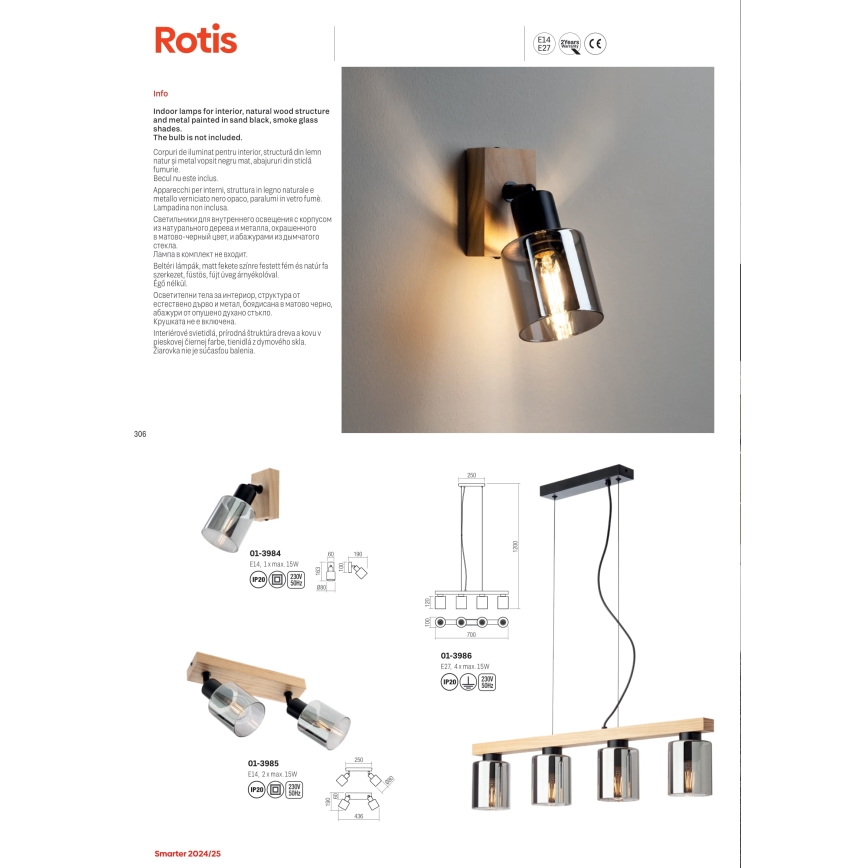 Redo 01-3986 - Lámpara colgante ROTIS 4xE27/15W/230V