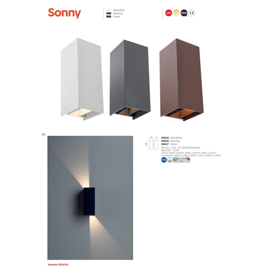 Redo 90635 - Aplique LED para exterior SONNY 2xLED/5W/230V 2200/3000/4000K IP54 blanco