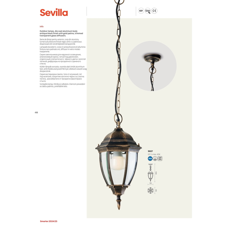 Redo 9605 - Aplique de exterior SEVILLA 1xE27/42W/230V IP44 dorado/pátina