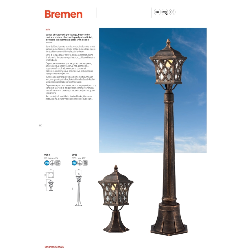 Redo 9952 - Lámpara colgante para exterior BREMEN 1xE27/42W/230V IP23 dorado/pátina