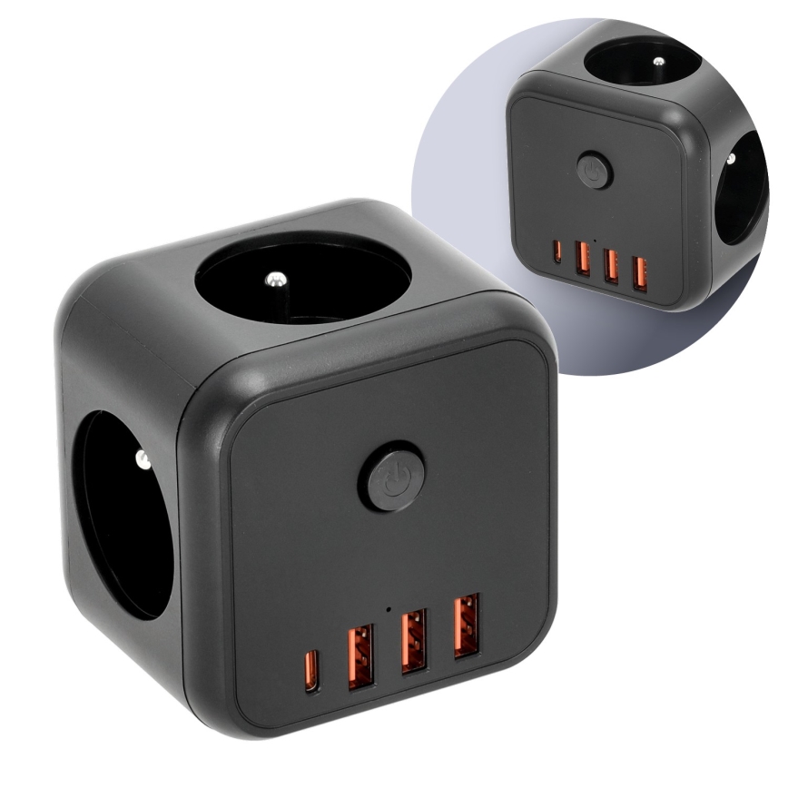 Regleta de enchufes con interruptor LINEA 3x230V + 4xUSB A/C negro