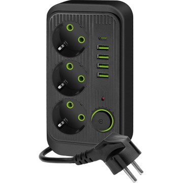 Regleta de enchufes con interruptor LINEA 3x230V + 5xUSB A/C 1,5 m SCHUKO negro