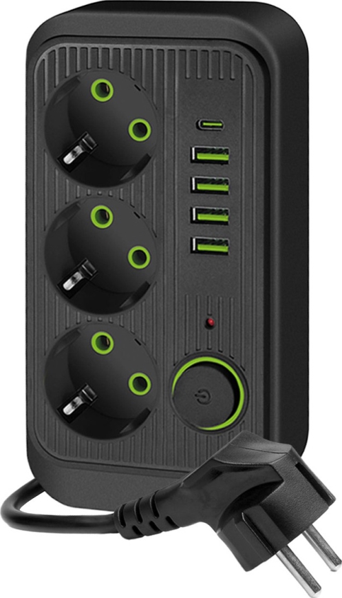 Regleta de enchufes con interruptor LINEA 3x230V + 5xUSB A/C SCHUKO 3 m negro
