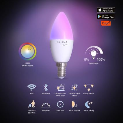 Bombilla LED RGBW regulable C37 E14/4,5W/230V 2700-6500K Wi-Fi Tuya