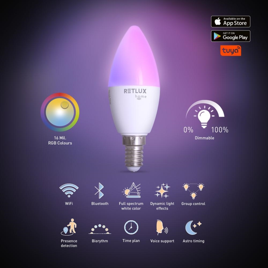 Bombilla LED RGBW regulable C37 E14/4,5W/230V 2700-6500K Wi-Fi Tuya