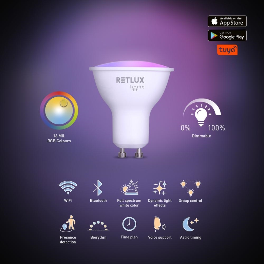 Bombilla LED RGBW regulable MR16 GU10/4,5W/230V 2700-6500K Wi-Fi Tuya