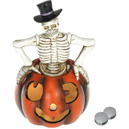 Decoración LED HALLOWEEN LED/2xLR44/blanco cálido esqueleto en una calabaza de resina