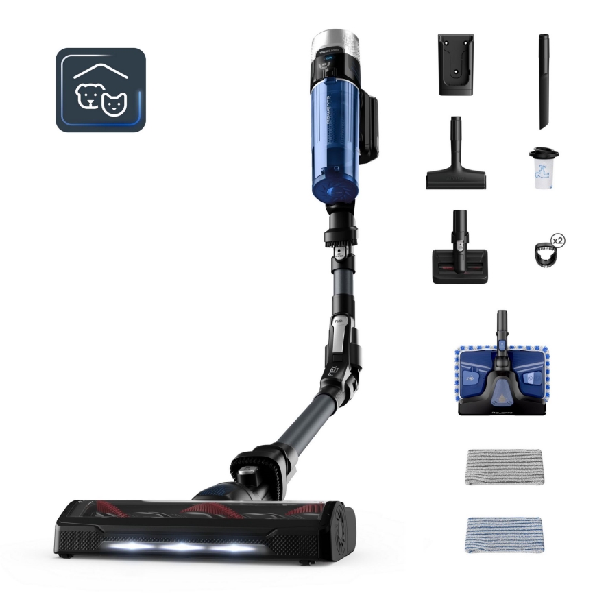 Rowenta - Aspiradora de varilla con fregona X-FORCE FLEX ANIMAL AQUA AUTO 4en1 250W/25,2V 2500 mAh negro/azul