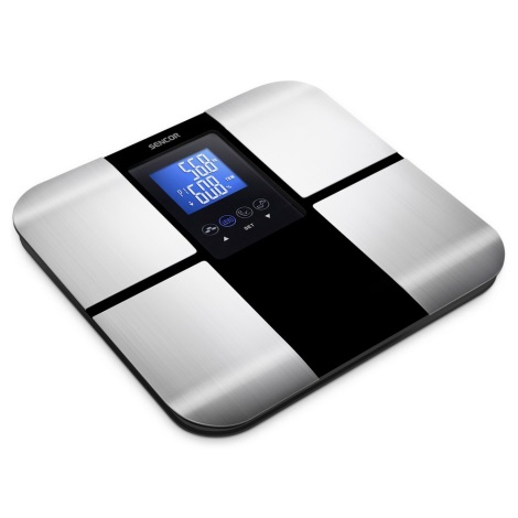 Sencor - Báscula personal de fitness inteligente con pantalla LCD 2xCR2032 acero inoxidable/negro