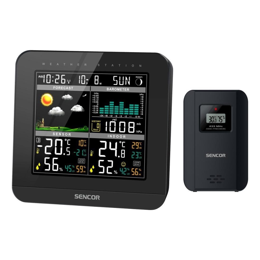Sencor - Estacion meteorologica Con pantalla LCD a color y despertador 3xAAA negro