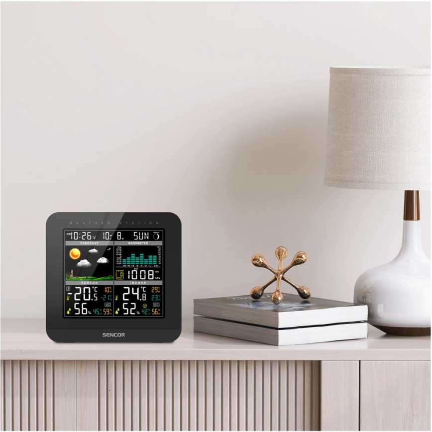 Sencor - Estacion meteorologica Con pantalla LCD a color y despertador 3xAAA negro