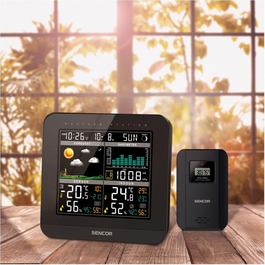 Sencor - Estacion meteorologica Con pantalla LCD a color y despertador 3xAAA negro