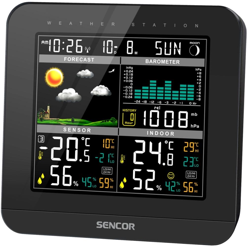 Sencor - Estacion meteorologica Con pantalla LCD a color y despertador 3xAAA negro