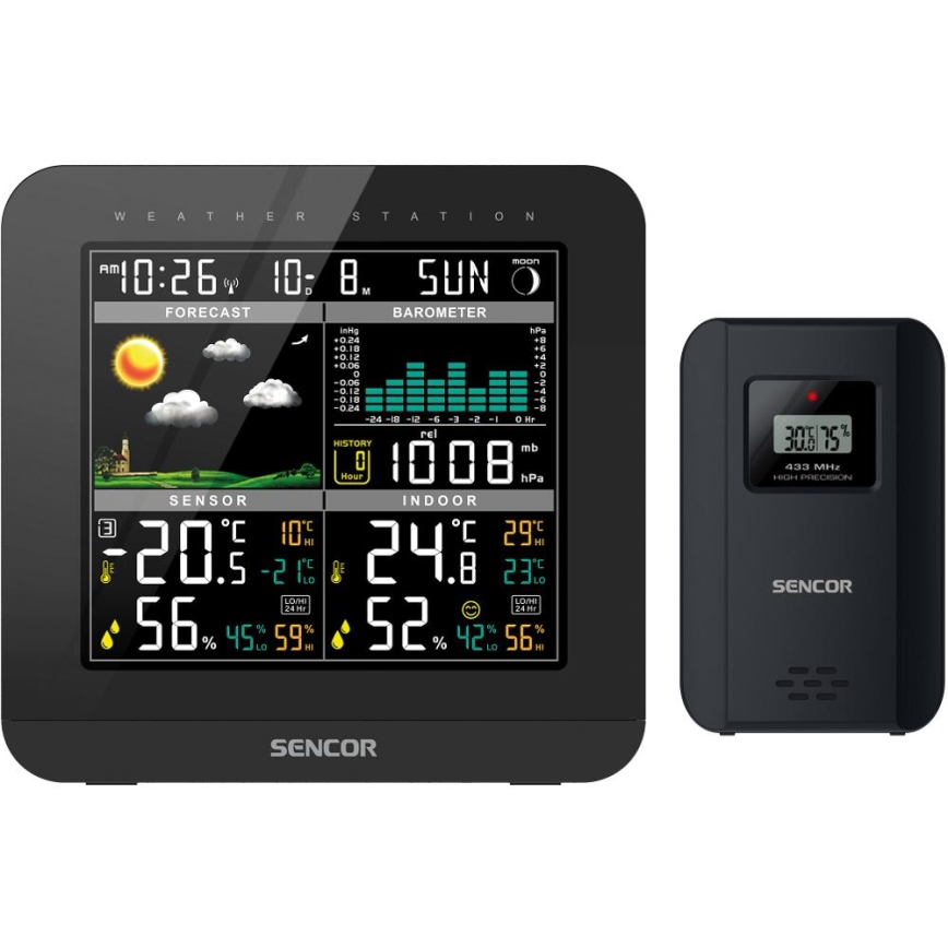 Sencor - Estacion meteorologica Con pantalla LCD a color y despertador 3xAAA negro
