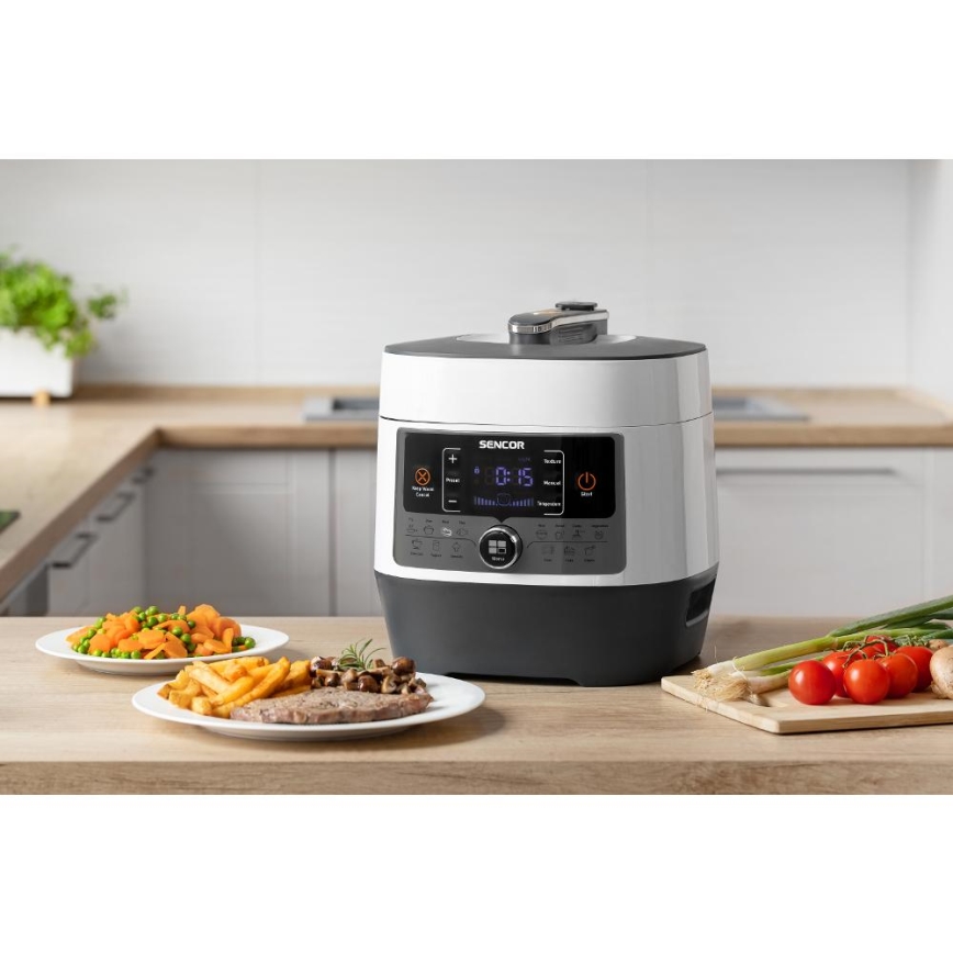 Sencor - Olla a presión eléctrica multifunción 5,5 l 1000W/230V blanco/negro