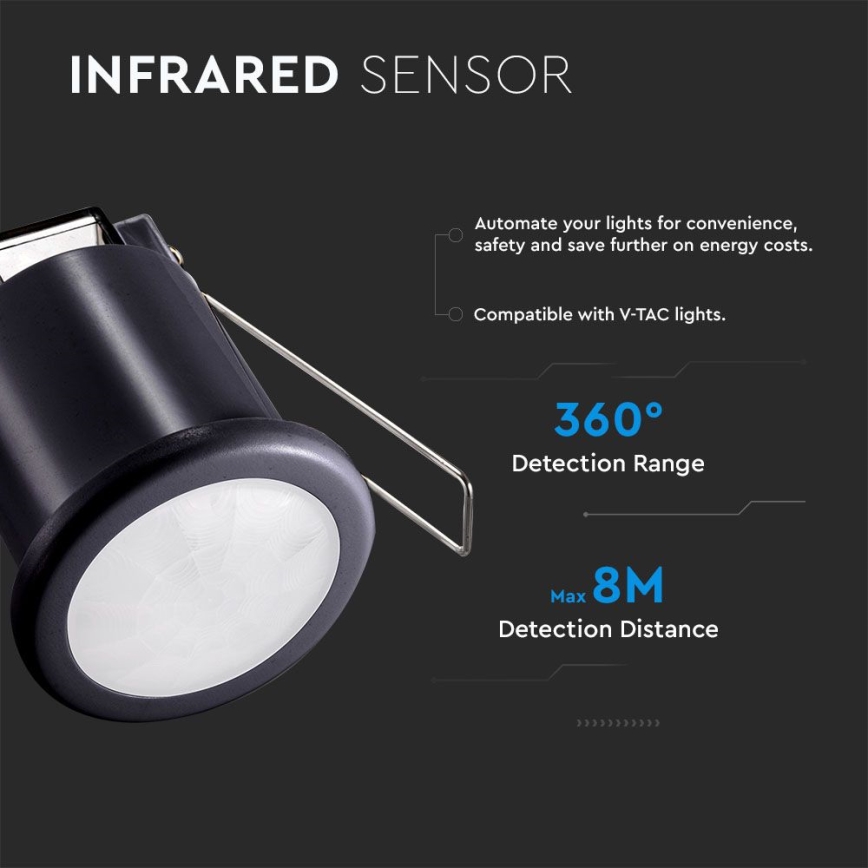 Sensor de movimiento empotrado PIR 360° 400W/230V negro