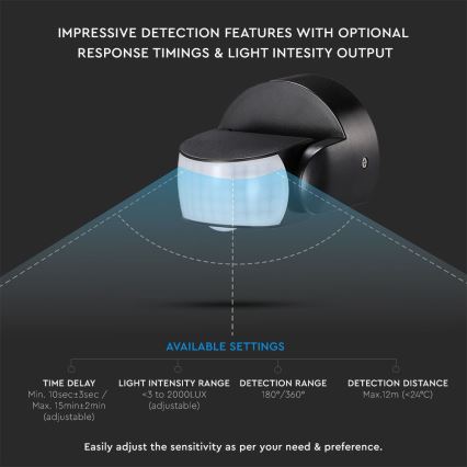 Sensor de movimiento exterior por infrarrojos 180/360° 600W/230V IP65 negro