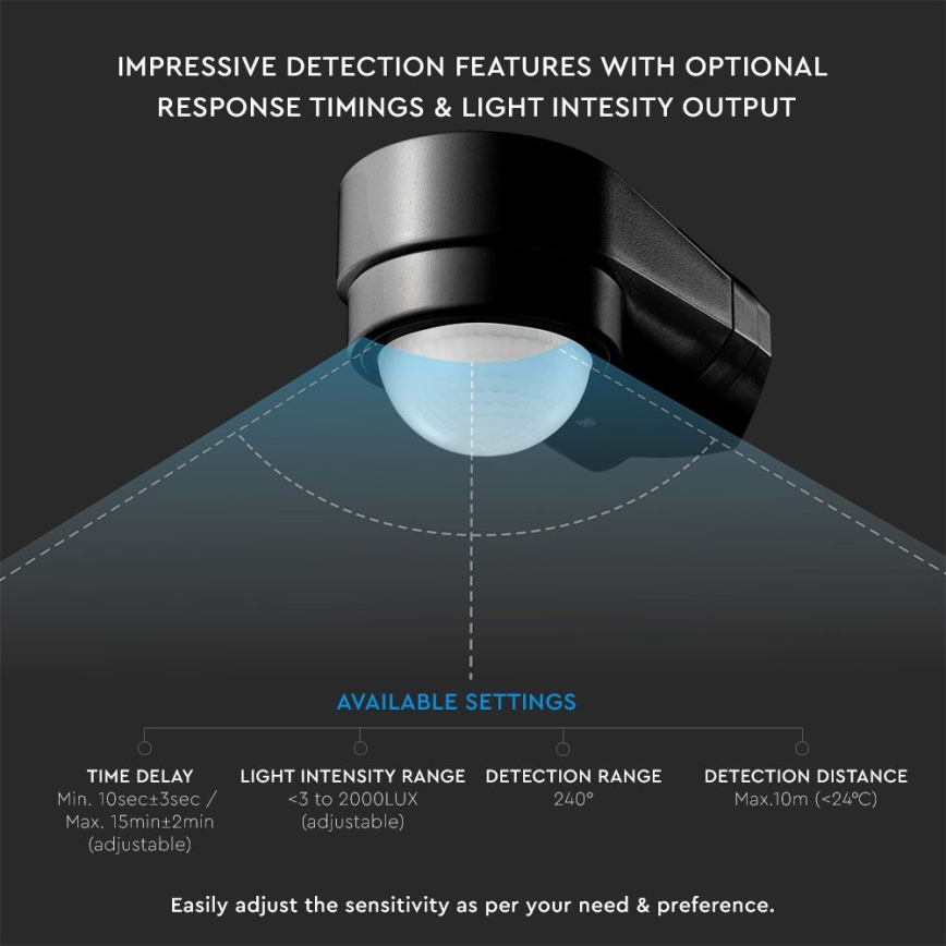 Sensor de movimiento exterior por infrarrojos 240° 600W/230V IP65 negro