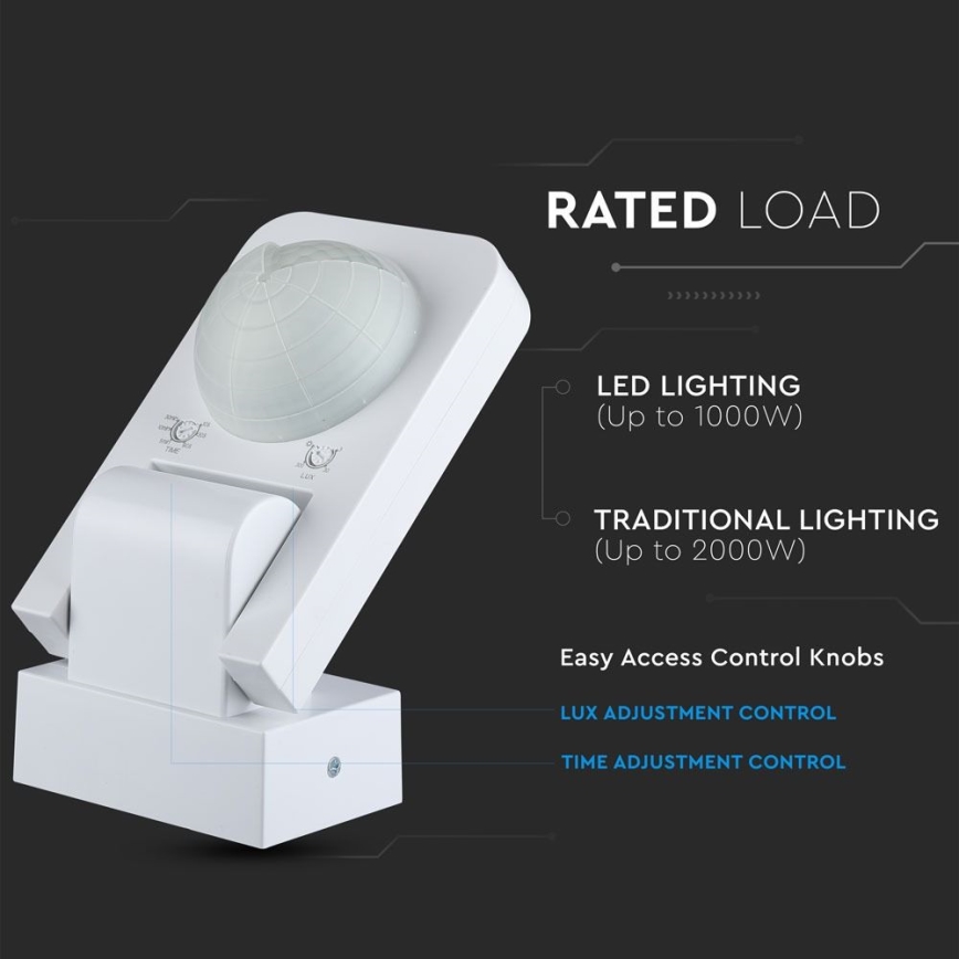 Sensor de movimiento exterior por infrarrojos 360° 1000W/230V IP65 blanco