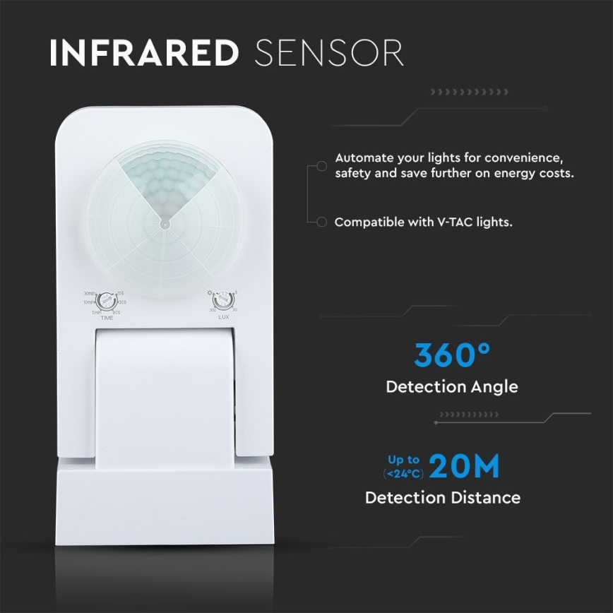 Sensor de movimiento exterior por infrarrojos 360° 1000W/230V IP65 blanco