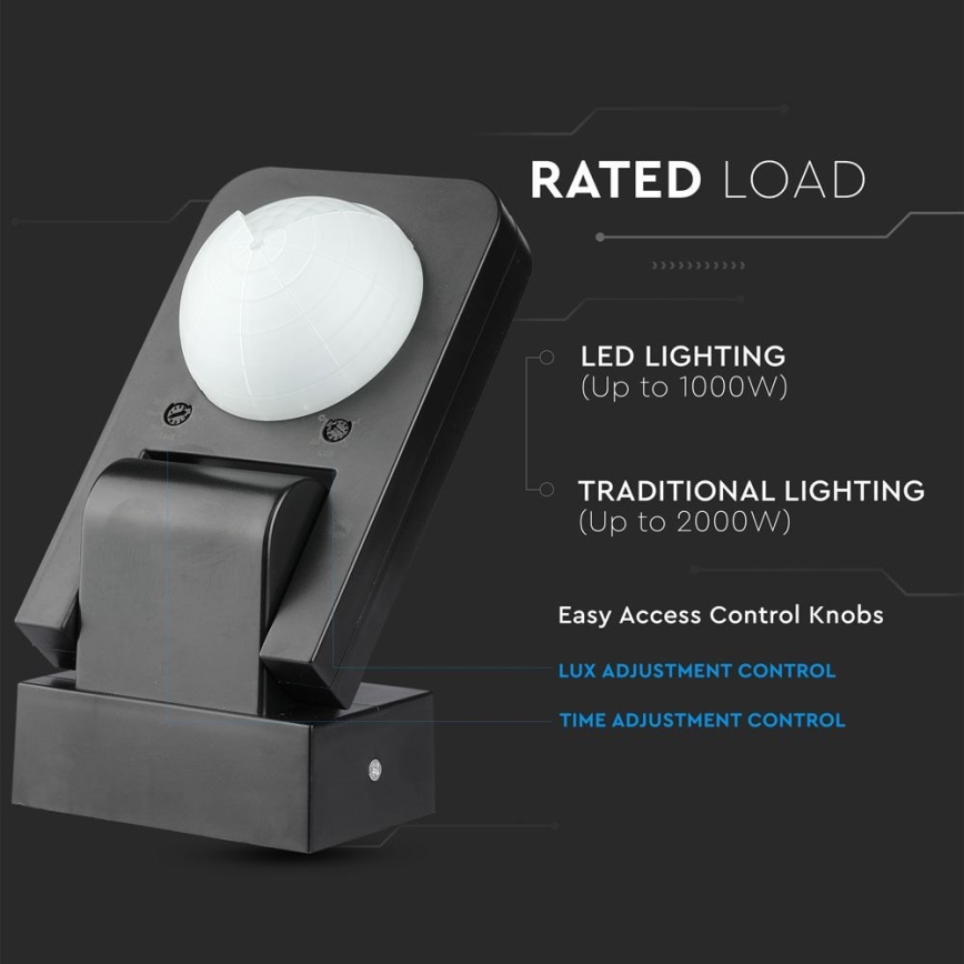 Sensor de movimiento exterior por infrarrojos 360° 1000W/230V IP65 negro