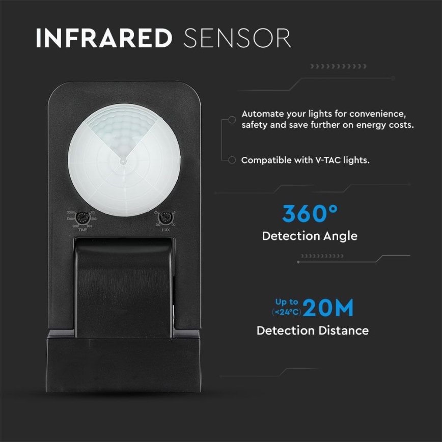 Sensor de movimiento exterior por infrarrojos 360° 1000W/230V IP65 negro