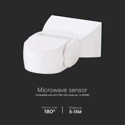 Sensor de movimiento exterior por microondas 180° 230V IP65 blanco