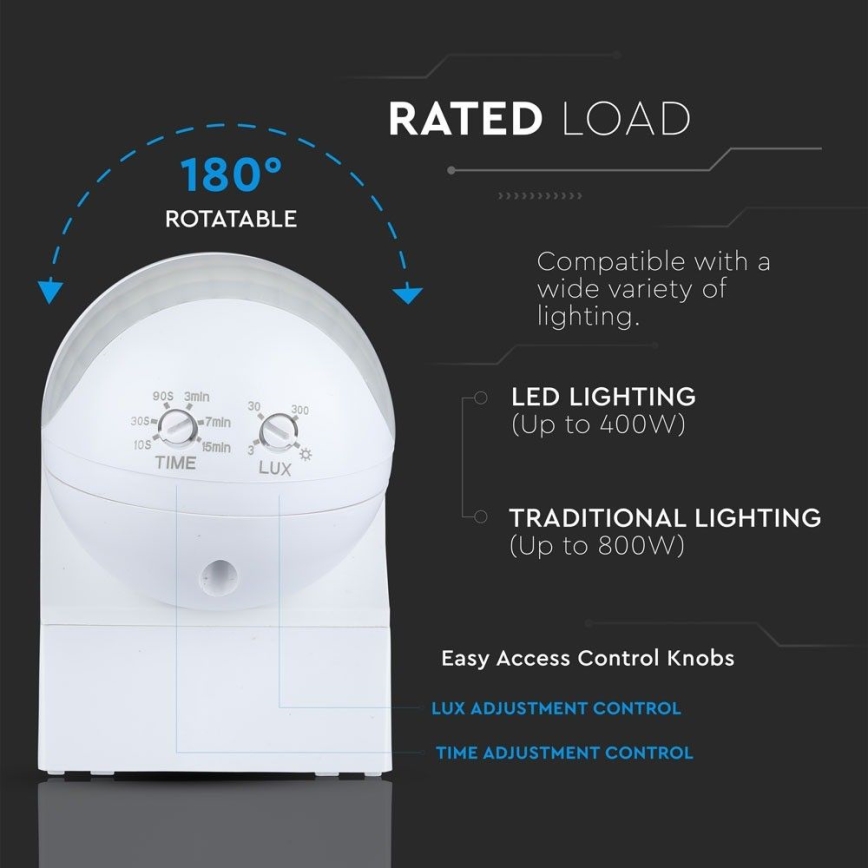Sensor de movimiento PIR 180° 800W/230V IP44 blanco