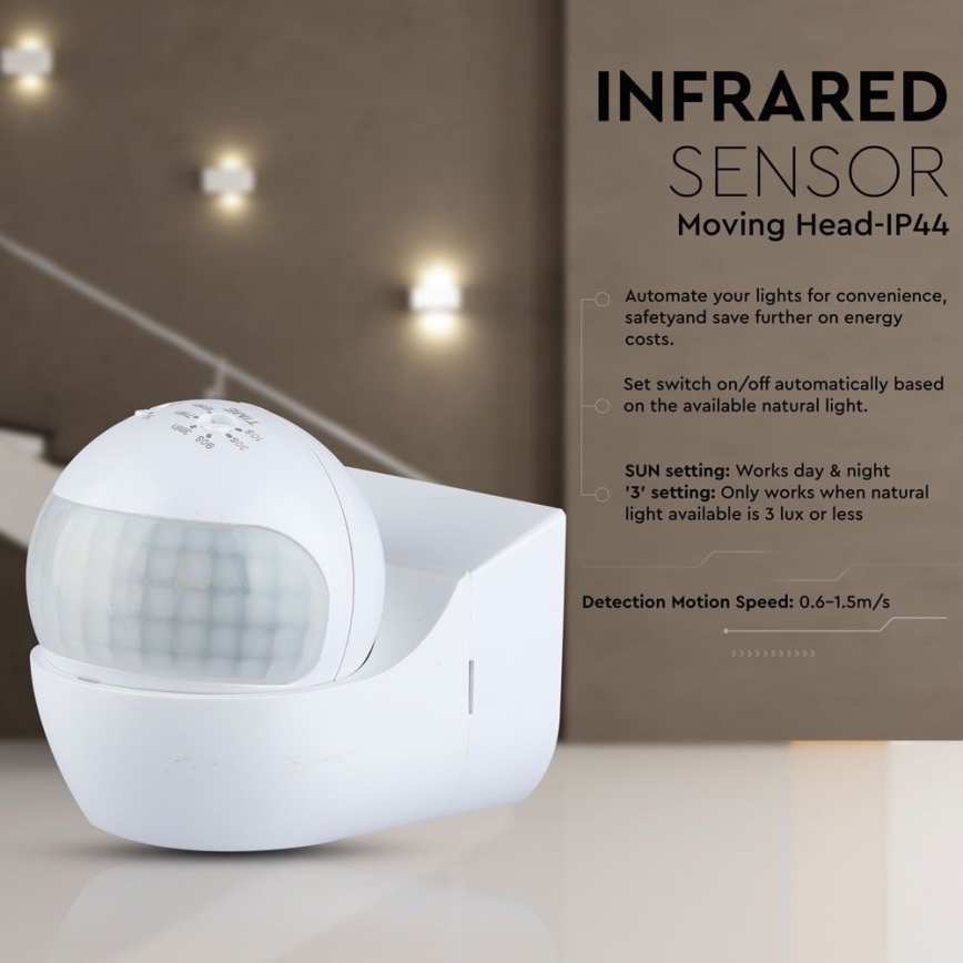 Sensor de movimiento PIR 180° 800W/230V IP44 blanco