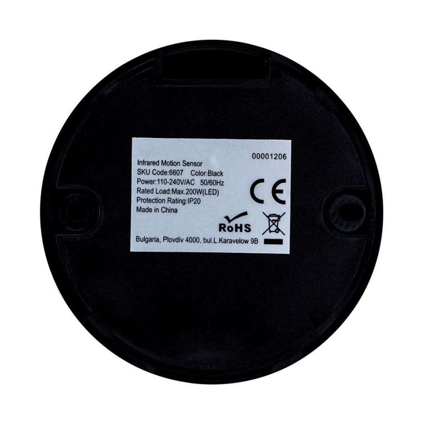 Sensor de movimiento por infrarrojos 360° 200W/230V negro