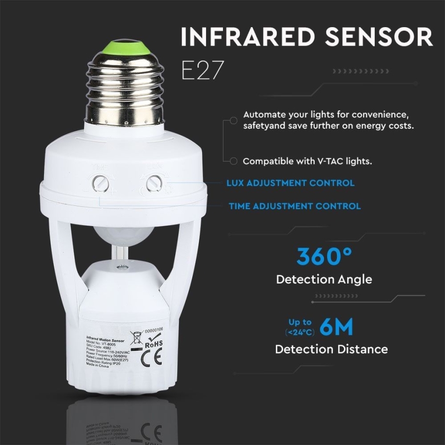 Sensor PIR para bombilla E27 blanco