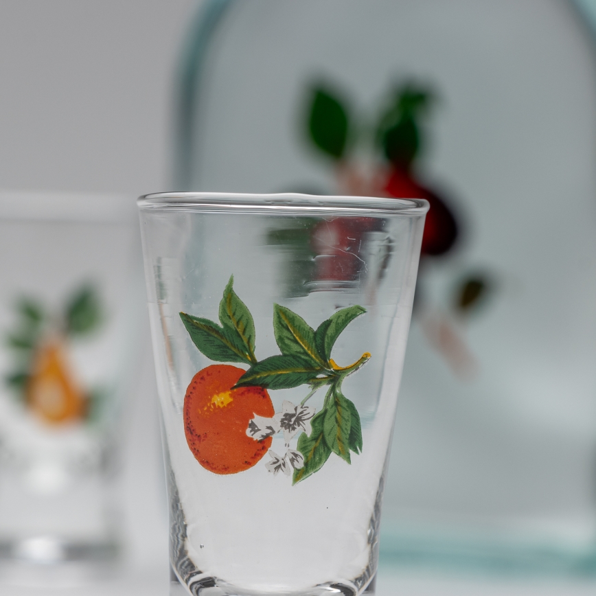 Set 1x botella de vidrio y 2x Vaso de chupito transparente con motivo de cereza