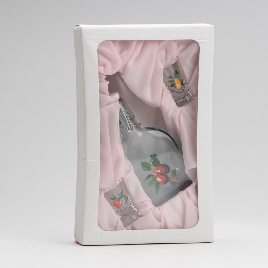 Set 1x botella de vidrio y 2x Vaso de chupito transparente con motivo de cereza