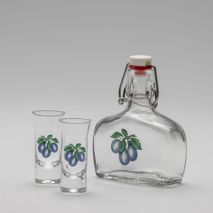 Set 1x botella de vidrio y 2x Vaso de chupito transparente con motivo de ciruelas