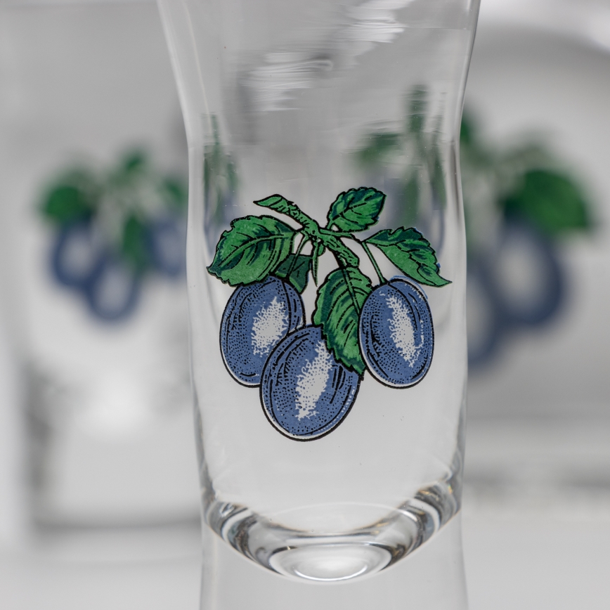 Set 1x botella de vidrio y 2x Vaso de chupito transparente con motivo de ciruelas
