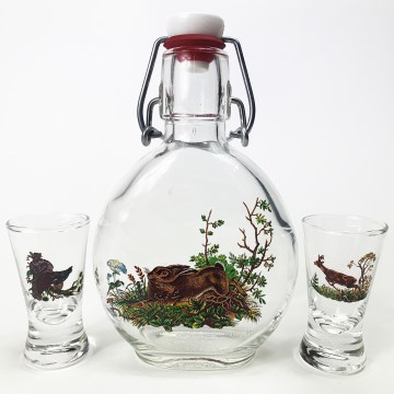Set 1x botella de vidrio y 2x Vaso de chupito transparente con un motivo de animales del bosque