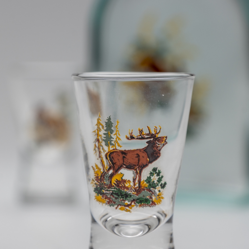Set 1x botella de vidrio y 2x Vaso de chupito transparente con un motivo de liebre