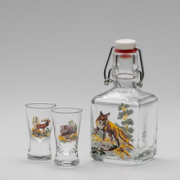 Set 1x botella de vidrio y 2x Vaso de chupito transparente con un motivo de zorro