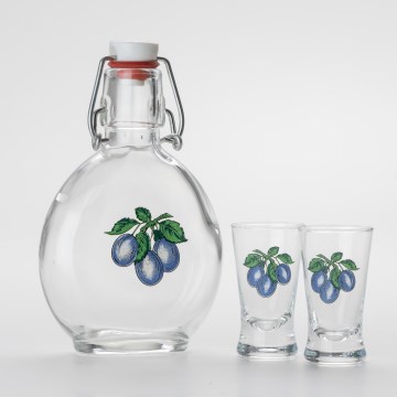 Set 1x Botella de vidrio y 2x vasos para chupitos transparentes con motivo de ciruelas