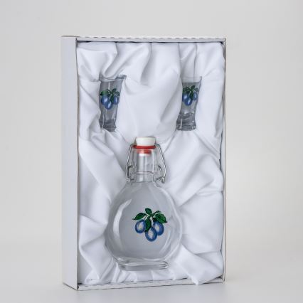 Set 1x Botella de vidrio y 2x vasos para chupitos transparentes con motivo de ciruelas